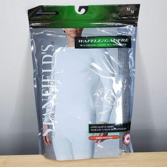 STANFIELDS Shirt Mens Medium Gray Cotton Blend Waffle Knit Base Layer Top - Picture 2 of 7